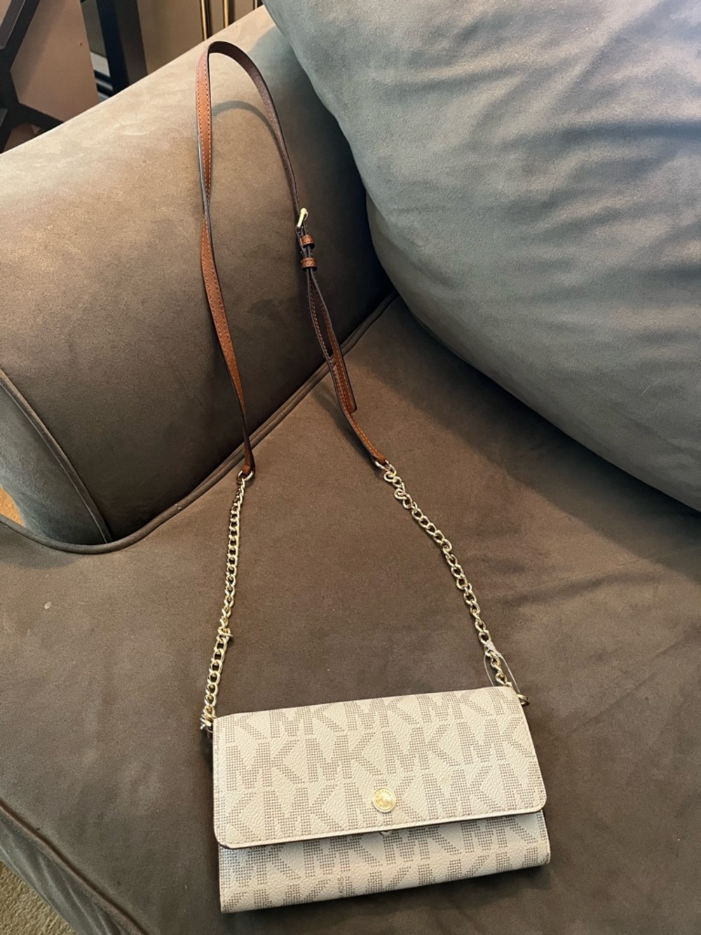 Michael Kors MK Monogram Crossbody Bag in Beige and Brown with Gold Hardware